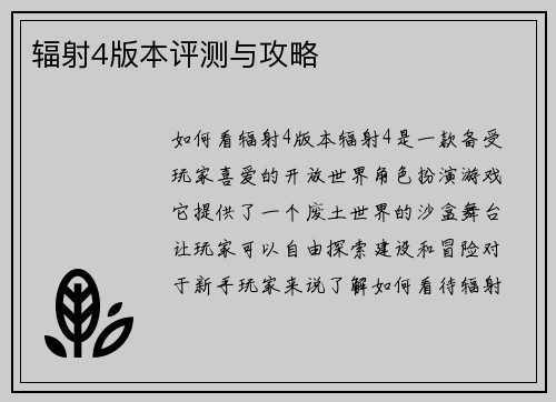 辐射4版本评测与攻略